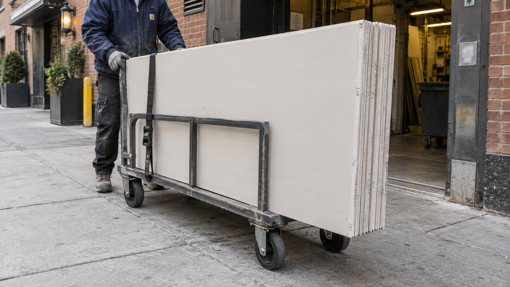 Drywall sheets loaded on a cart being delivered to a Manhattan building