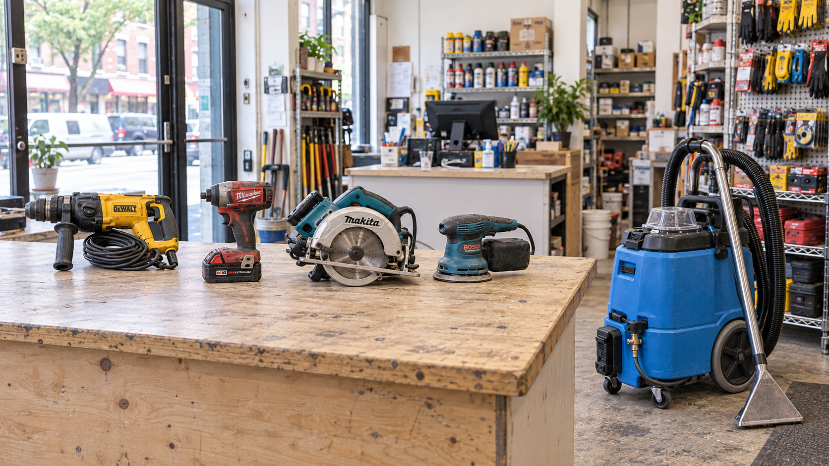 Tool rental counter at First Ave Supply with DeWalt rotary hammer, Milwaukee impact driver, Makita circular saw, Bosch sander and a Mytee extractor
