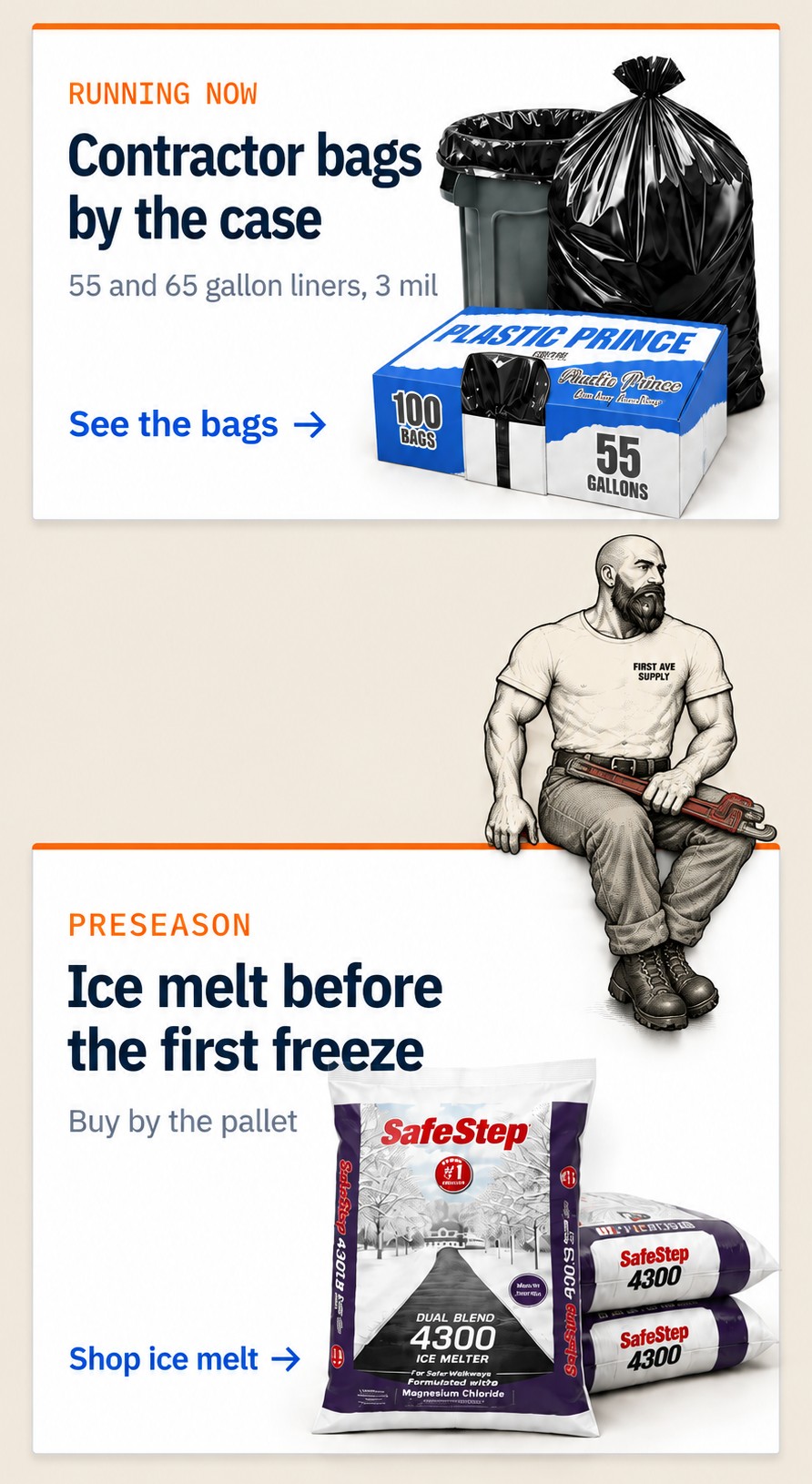 Contractor bags by the case and ice melt before the first freeze at First Ave Supply