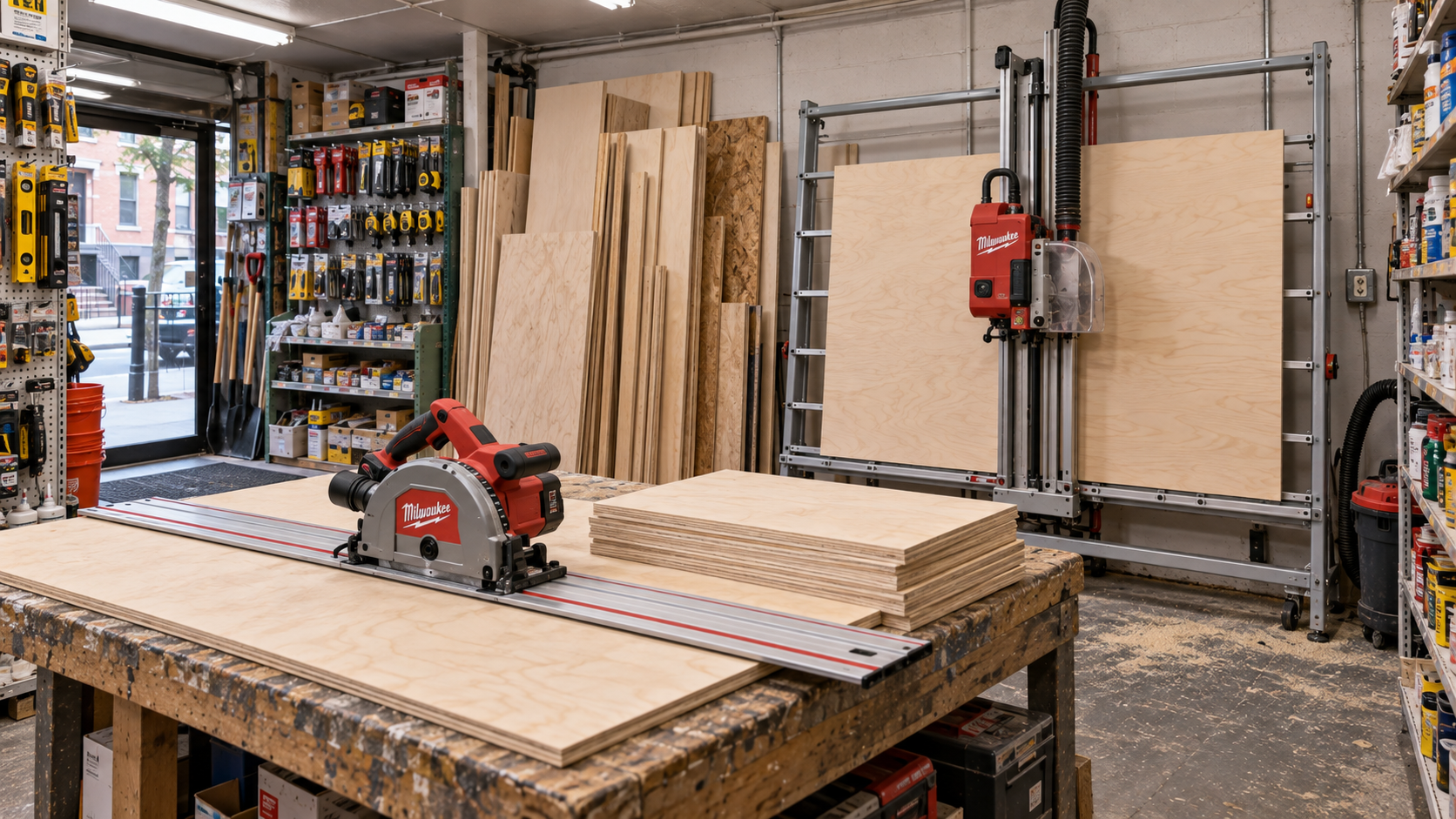 Panel saw and Milwaukee track saw cutting plywood to size at First Ave Supply